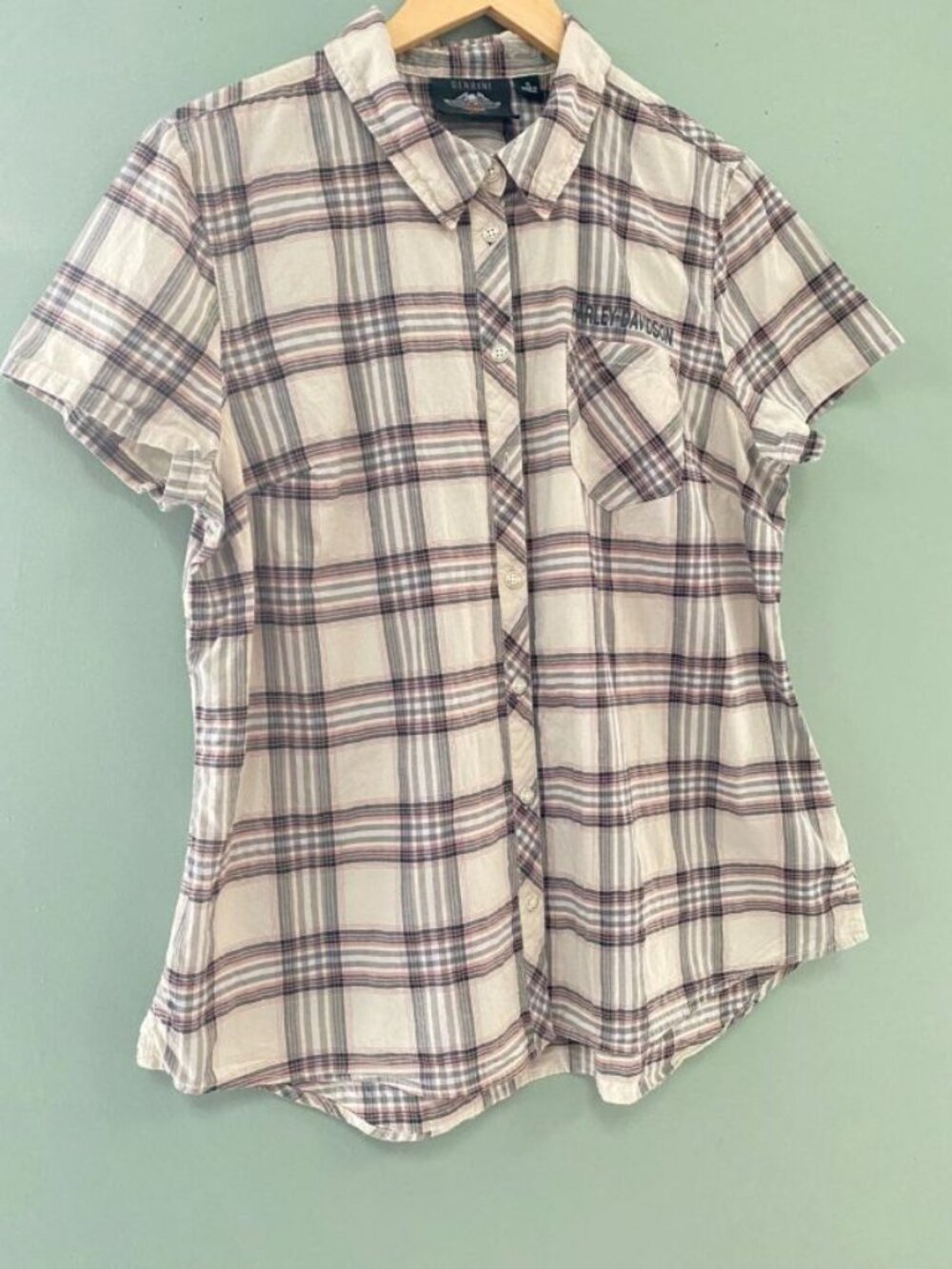 Harley Davidson Motorcycles Women’s Short Sleeve Button Plaid Shirt Size XL